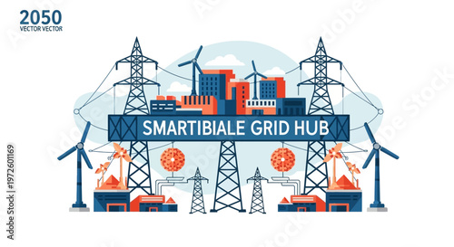 Smart Grid Hub 2050: A futuristic vision of renewable energy infrastructure with wind turbines, solar panels, and advanced power transmission towers.