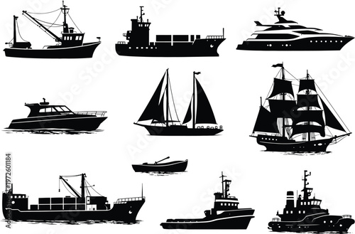 Ship silhouette set, boat vector icons, maritime vessel illustration, fishing yacht cargo ferry, black transport shapes, nautical graphic pack
