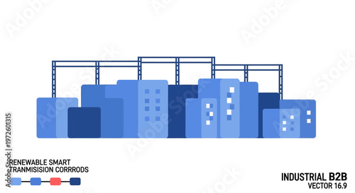 Illustration of renewable smart transmission corridors connecting industrial buildings with blue hues and modern architectural design.