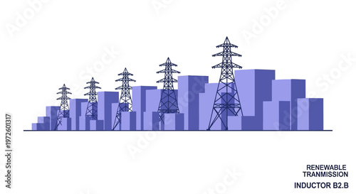 Modern city skyline featuring electricity pylons and tall buildings, symbolizing urban power infrastructure and renewable energy transmission.