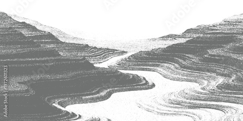 Abstract black-and-white flowing lines resembling topographic waves, fluid ink-like patterns, minimalist mountain monochrome aesthetic vector illustration.