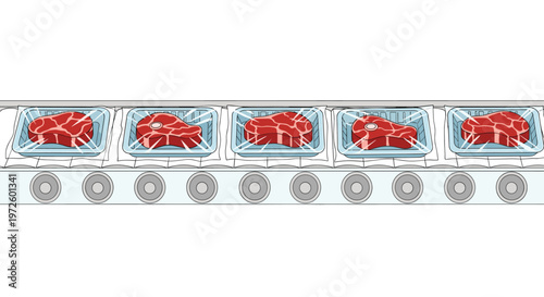 Identical red beef steaks resting in light blue plastic trays move along a mechanical conveyor belt within a pristine food manufacturing and packaging facility.