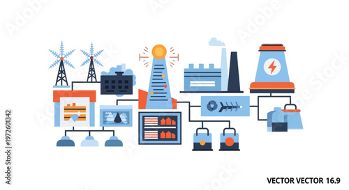 Illustrative diagram showcasing a complex industrial energy generation and distribution system with various power sources and infrastructure.