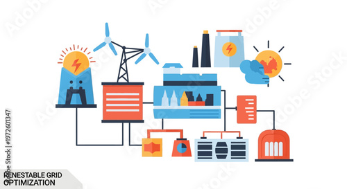 Illustration of a renewable energy grid optimization system with solar, wind, and battery storage integrated with a power plant.