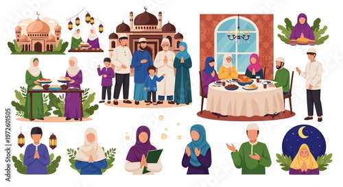 Diverse flat illustrations capturing the essence of Ramadan and Eid al-Fitr, featuring Muslim families celebrating, praying, and sharing meals, highlighting spirituality and community