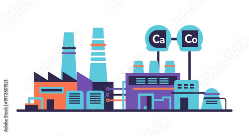 Vibrant illustration of a modern industrial factory complex with colorful buildings and smokestacks, symbolizing production and manufacturing.