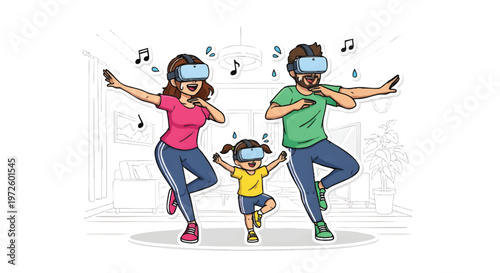 family wearing VR headsets dancing together