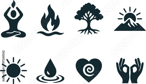 Zen yoga and meditation icons set, spiritual nature symbols collection with tree of life and fire, black silhouette wellness vector elements