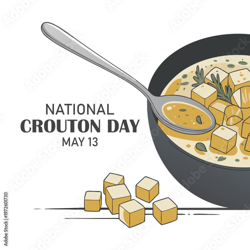 Single continuous line drawing soup with croutons in a bowl with croutons scattered around. Perfect combination. More delicious. Cuisine. National Crouton Day. One line design vector illustration