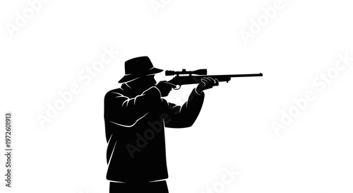 Silhouette Sniper Aiming Rifle with Scope, Hunter in Hat, White Background