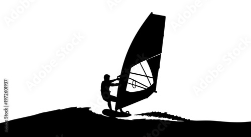 Windsurfing Silhouette - Man riding wave on surfboard with sail