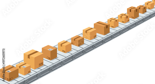 A long industrial conveyor belt transports an array of brown cardboard boxes in various sizes through a clean and modern automated warehouse facility.