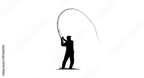 Silhouette of Fly Fisherman Casting Rod Against White Background