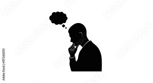 Silhouette of a man thinking with a thought bubble, isolated on white