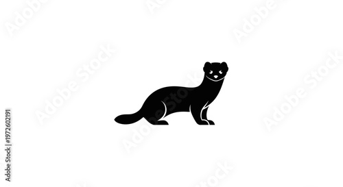 Black Silhouette of a Weasel Standing on a White Background