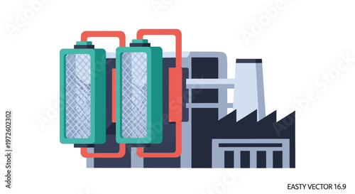 Illustration of a modern industrial facility with two large cylindrical filters connected to a factory building.