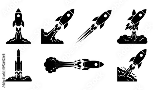 Rocket launch icon vector set with spacecraft silhouettes and flame for startup and space design