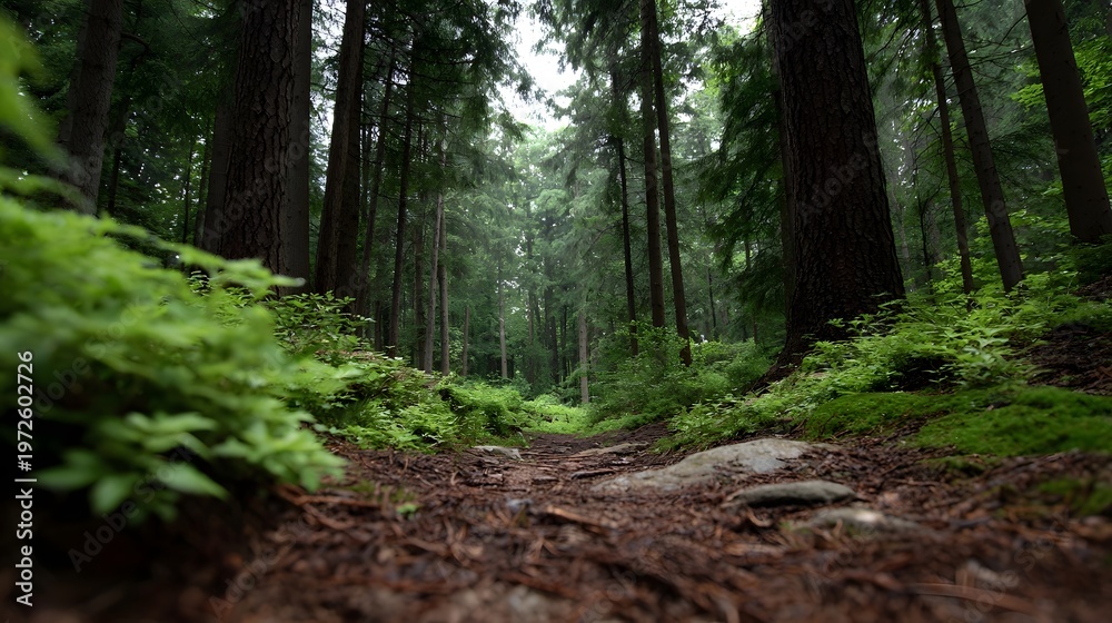 Fototapeta premium A serene low angle view of a forest path winding through dense green trees and lush undergrowth conveying a sense of peaceful solitude