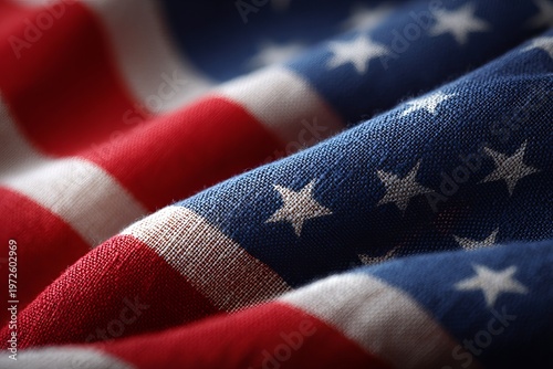 Textured American flag fabric with a rustic linen weave and patriotic red, white, and blue colors.