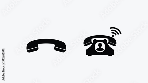 A minimalist black graphic showing a telephone handset and a landline phone with wifi symbol