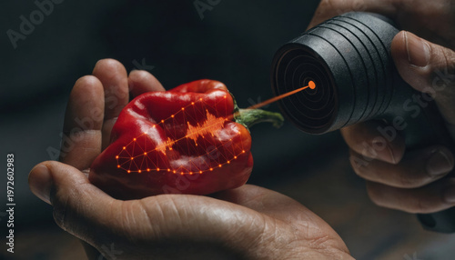 Food technology sensor scans red pepper in hand with glowing biometric data and waveform
