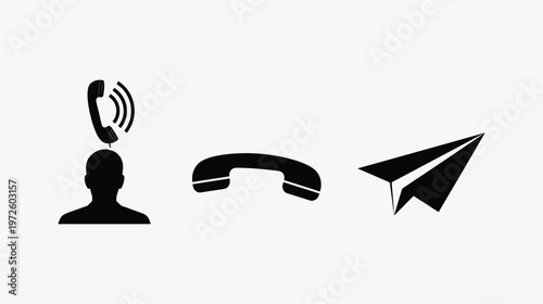 Black silhouette icons representing communication methods like telephone calls and message sending