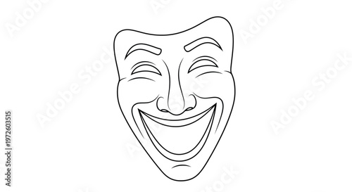 A black and white vector illustration of comedy and tragedy theater masks featuring a smiling character face and an evil old sketch design