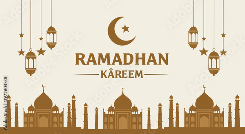 Ramadhan Kareem Crescent Moon and Star Islamic Lanterns and Mughal Architecture Silhouette Banner