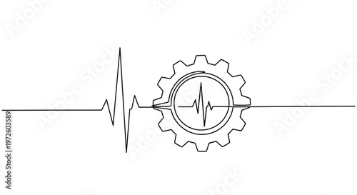 Conceptual illustration of a heartbeat graph merging with a cogwheel, symbolizing the fusion of health and industry or technology