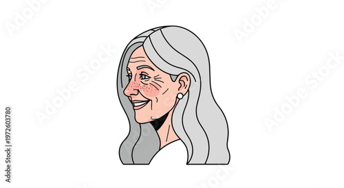 An elderly woman with long wavy grey hair and charming freckles across her cheeks displays a warm and gentle smile against a pristine white background.