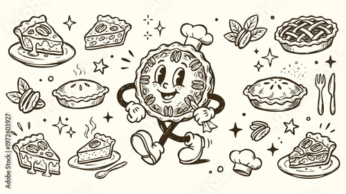 Vintage 1930s Retro Pecan Pie Cartoon Character and Bakery Doodle Set