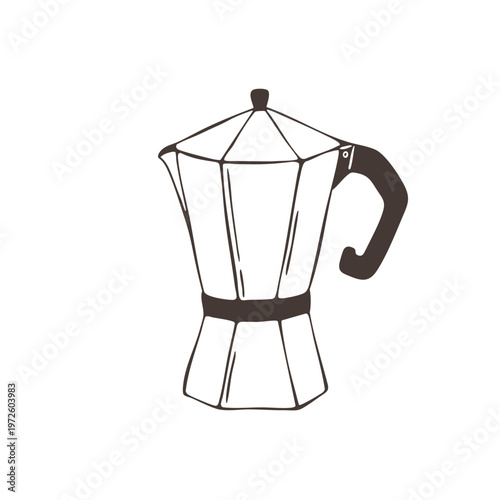 Coffee moka pot brewing espresso coffee outline ink sketch. Hand drawn illustration of coffee maker. Engraving drawing Italian moka pot for branding, menu design, label element coffee shop.