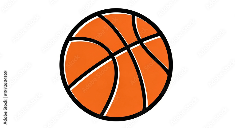 Fototapeta premium A simple, iconic illustration of an orange basketball with black outlines on a pure white background.