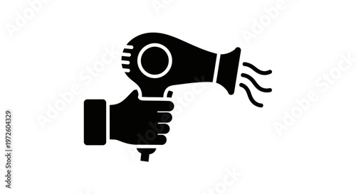 A simple black silhouette icon of a hand holding a hair dryer.