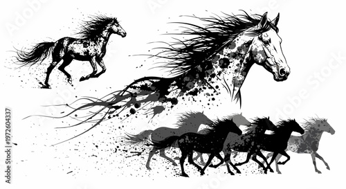 Dynamic monochrome artwork depicting a herd of horses galloping with artistic splatters and abstract brushstrokes, showcasing movement and energy