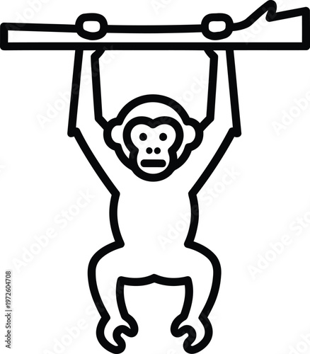 Monkey hanging, black line art, minimalist illustration, primate icon