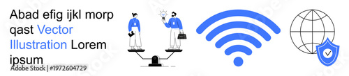 Connectivity, cybersecurity, digital balance, online networking, global communication, technology protection. Scales with two business people, wireless symbol globe with shield. Digital connectivity
