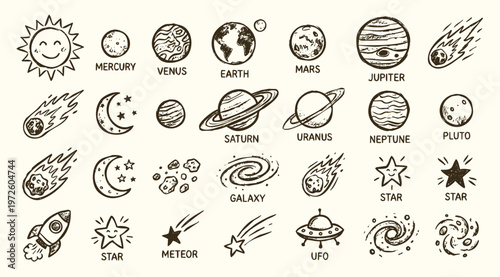 Hand Drawn Solar System Planets and Outer Space Doodle Set