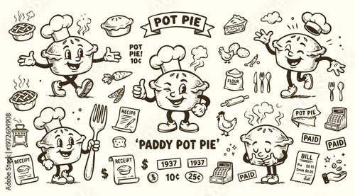 Vintage 1930s Retro Pot Pie Cartoon Character and Kitchen Doodle Set