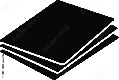 Minimal vector silhouette, paper stack pile, multiple sheets slightly offset top view, solid black, isolated on white background.