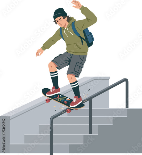 Flat vector illustration of a skateboarder grinding down a metal handrail on a concrete staircase. Urban streetwear aesthetic perfect for skate shop branding and extreme sports graphics.