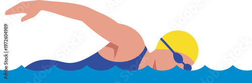 Flat vector illustration of a swimmer in a blue swimsuit and yellow cap performing a front crawl in blue water. Clean minimalist design for aquatic sports and fitness branding.