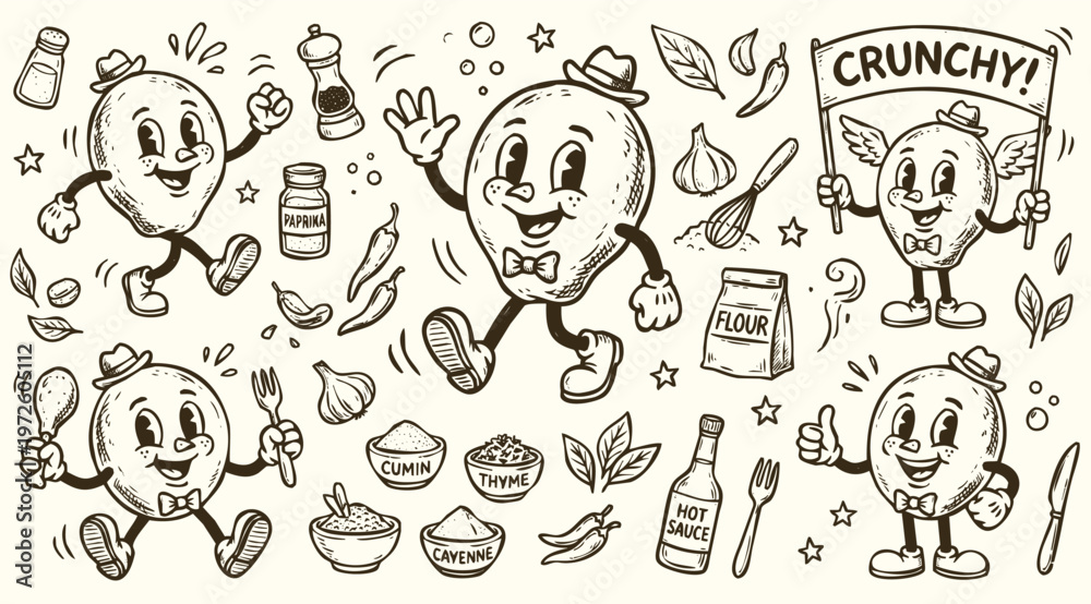 Obraz premium Vintage Cartoon Fried Chicken Character and Cooking Ingredients Doodle Set