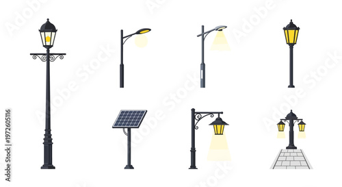 Street lights and solar panel illustration.