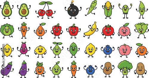 Vector illustration of cartoon fruits and vegetables with smiling faces and playful expressions