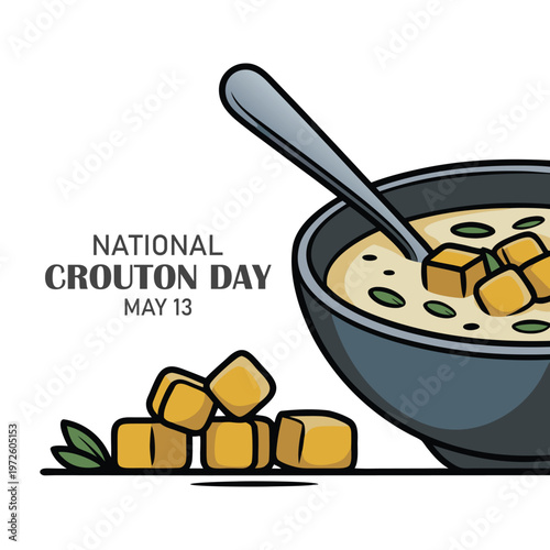Single continuous line drawing soup with croutons in a bowl with croutons scattered around. Perfect combination. More delicious. Cuisine. National Crouton Day. One line design vector illustration