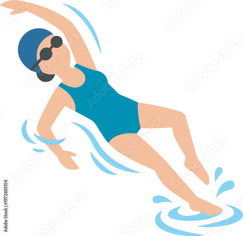 Vibrant flat vector of a female swimmer in a blue swimsuit. Ideal for aquatic center branding, fitness blogs, summer recreation graphics, and swimming lesson advertisements. Clean and modern design.