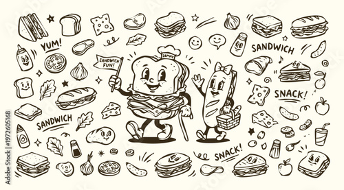 Vintage 1930s Sandwich and Snack Mascot Doodle Set, Retro Deli and Bakery Illustration Collection