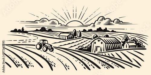 Vintage farm landscape with tractor barn and rising sun illustration