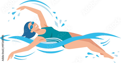 Energetic flat vector of a female swimmer in a turquoise swimsuit. Perfect for aquatic center branding, fitness blogs, summer recreation graphics, and swimming lesson ads. Clean, modern, and active.